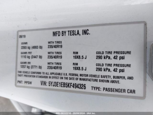 5YJ3E1EB5KF494326 Tesla Model 3 Long Range/performance