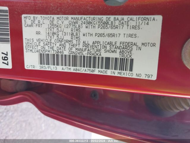 3TMLU4EN5FM173046 Toyota Tacoma Base V6