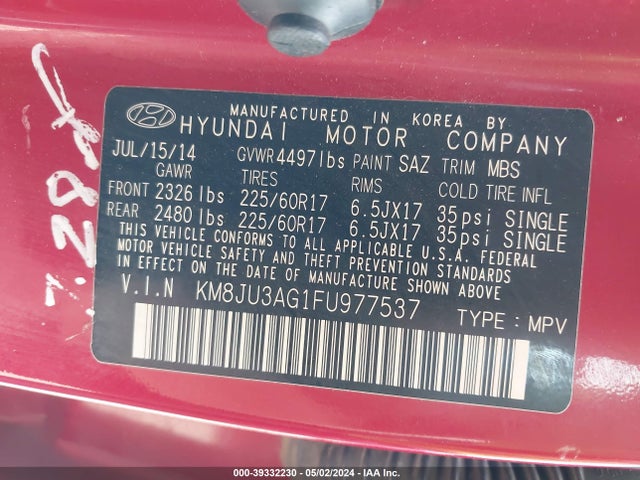 Hyundai TUCSON SE 2015 KM8JU3AG1FU977537 Image 9