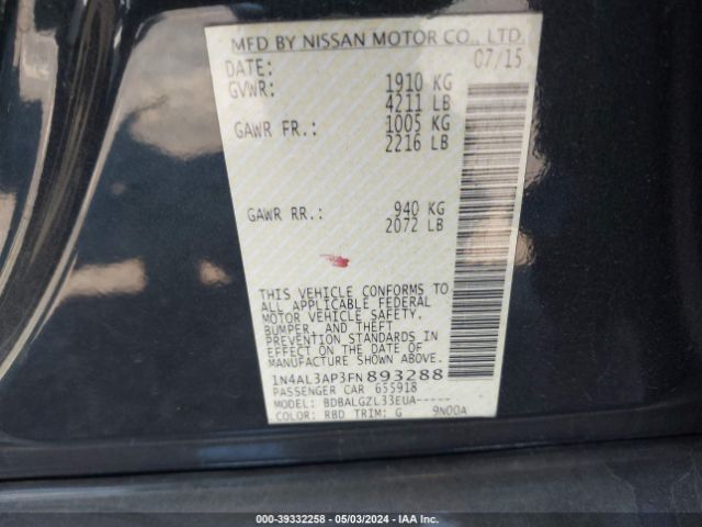1N4AL3AP3FN893288 Nissan Altima 2.5/2.5 S/2.5 Sl/2.5 Sv