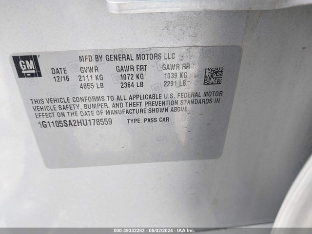 Chevrolet IMPALA 1LT 2017 1G1105SA2HU178559 Image 9