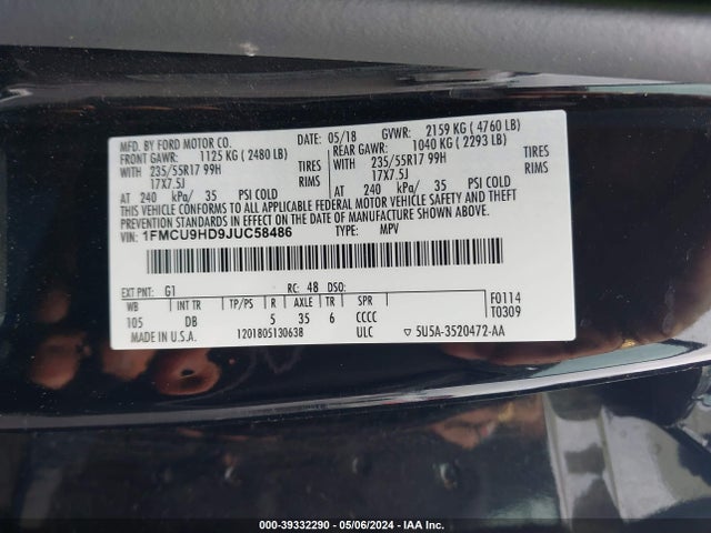 Ford ESCAPE SEL 2018 1FMCU9HD9JUC58486 Image 9