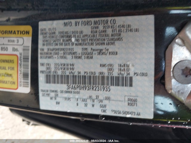 Ford FUSION SE 2015 3FA6P0H93FR231935 Image 9