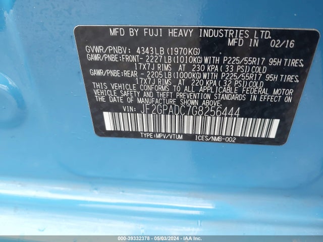 JF2GPADC7G8256444 Subaru Crosstrek 2.0i Premium