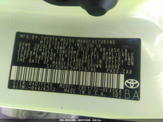 5YFBURHE3HP576796 Toyota COROLLA SE