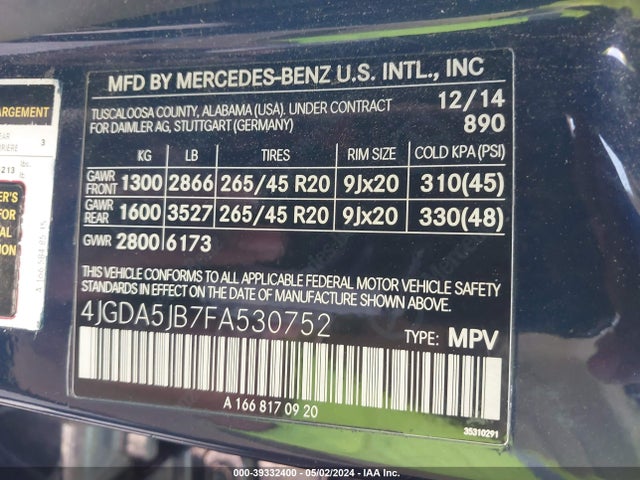 Mercedes-Benz ML 350 2015 4JGDA5JB7FA530752 Image 9