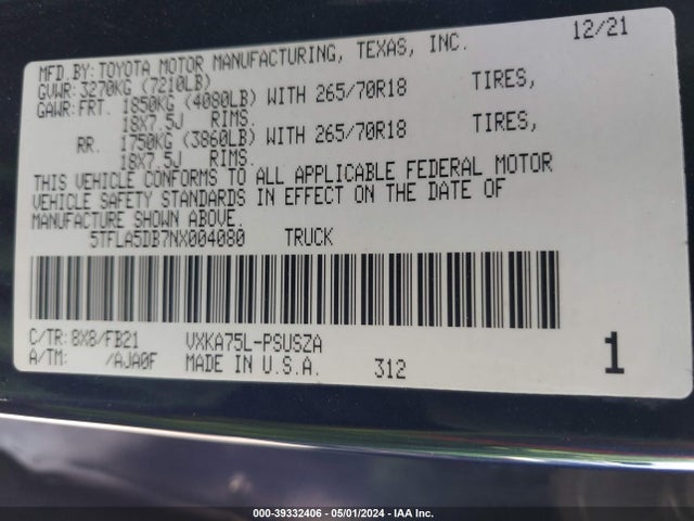 Toyota Tundra Sr5 2022 5TFLA5DB7NX004080 Image 9