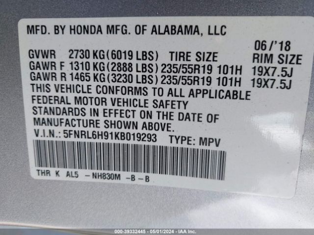 5FNRL6H91KB019293 Honda Odyssey Elite