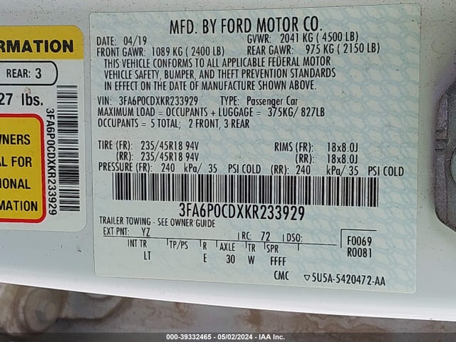 Ford FUSION SEL 2019 3FA6P0CDXKR233929 Image 9