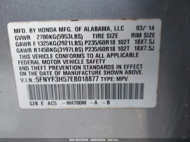 Honda Pilot Ex-l 2014 5FNYF3H57EB018877 Image 9