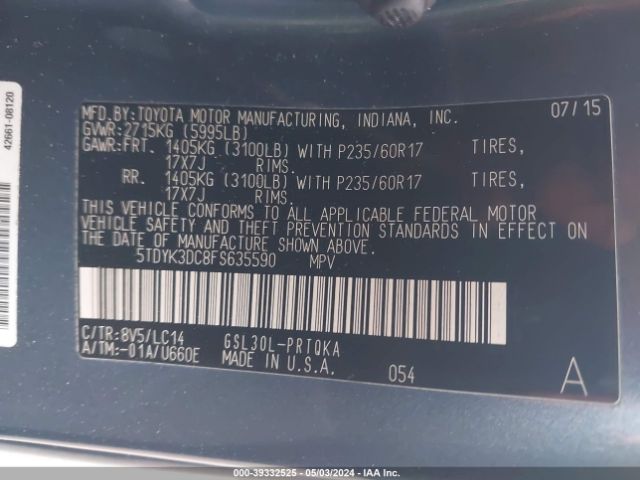 5TDYK3DC8FS635590 Toyota Sienna Xle Premium 8 Passenger