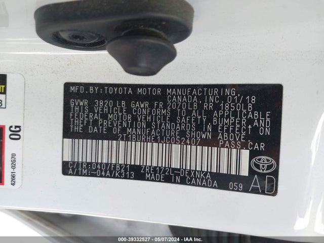Toyota COROLLA LE 2018 2T1BURHE1JC052407 Image 9