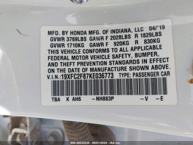 19XFC2F87KE036773 Honda Civic Sport
