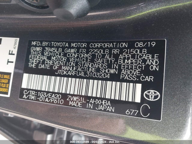Toyota PRIUS XLE 2020 JTDKARFU4L3103204 Image 9