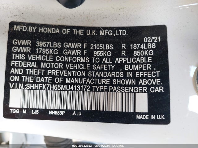 Honda CIVIC EX 2021 SHHFK7H65MU413172 Image 9