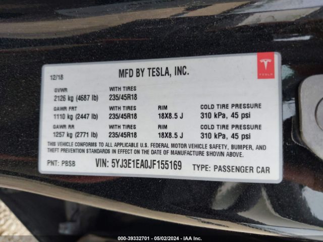 5YJ3E1EA0JF155169 Tesla Model 3 Long Range/mid Range