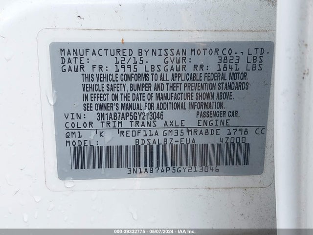 Nissan SENTRA S 2016 3N1AB7AP5GY213046 Image 9