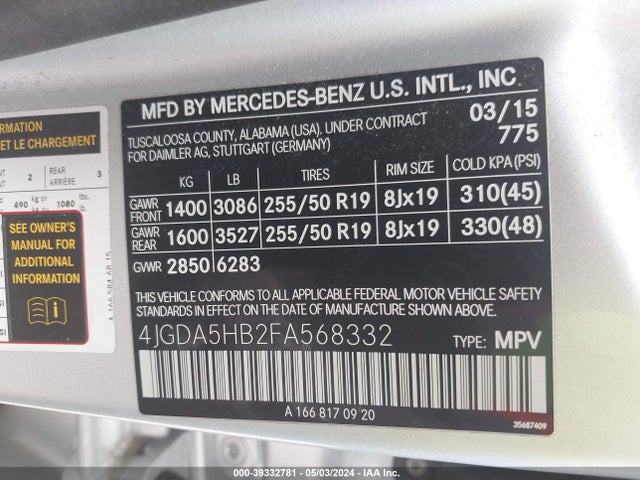 4JGDA5HB2FA568332 Mercedes-Benz Ml 350 4matic