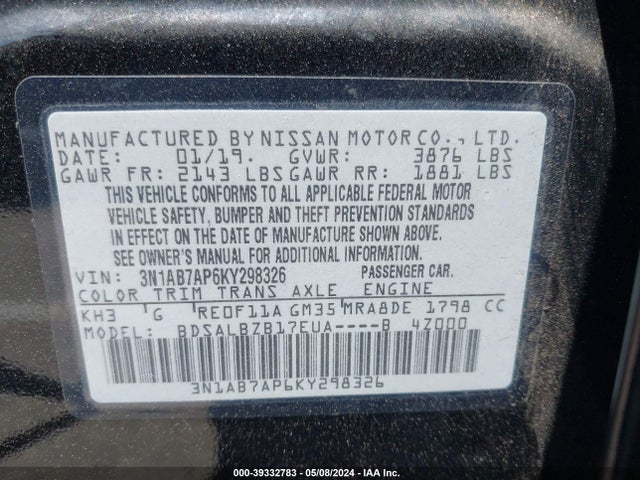 Nissan SENTRA S 2019 3N1AB7AP6KY298326 Image 9