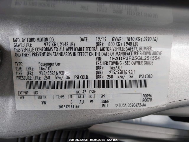 Ford FOCUS SE 2016 1FADP3F25GL251554 Image 9