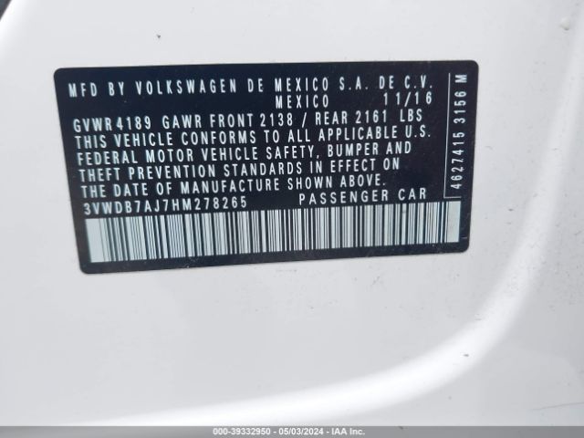 3VWDB7AJ7HM278265 Volkswagen Jetta 1.4t Se