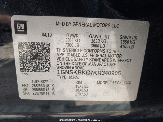 Chevrolet Tahoe Lt 2019 1GNSKBKC7KR340905 Image 9