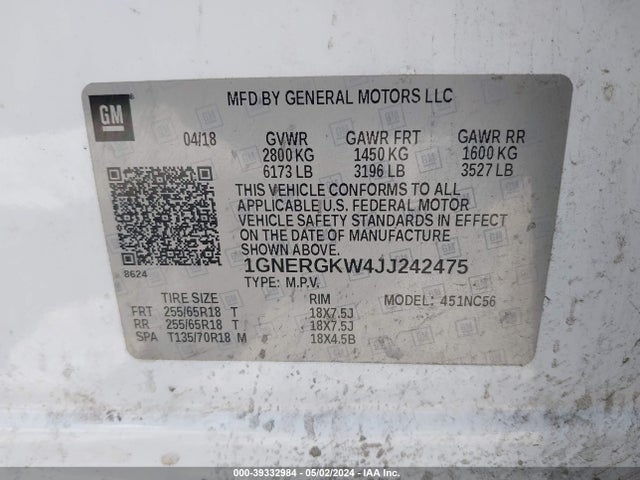 Chevrolet Traverse 1lt 2018 1GNERGKW4JJ242475 Image 9