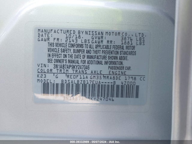 Nissan SENTRA S 2019 3N1AB7AP9KY247046 Image 9