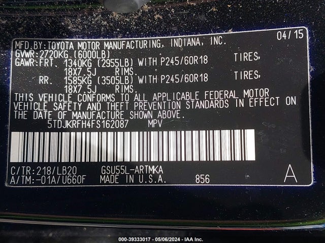 Toyota Highlander Xle V6 2015 5TDJKRFH4FS162087 Image 9