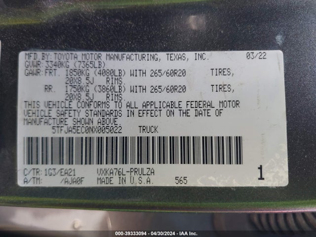 Toyota Tundra Limited 2022 5TFJA5EC0NX005022 Image 9