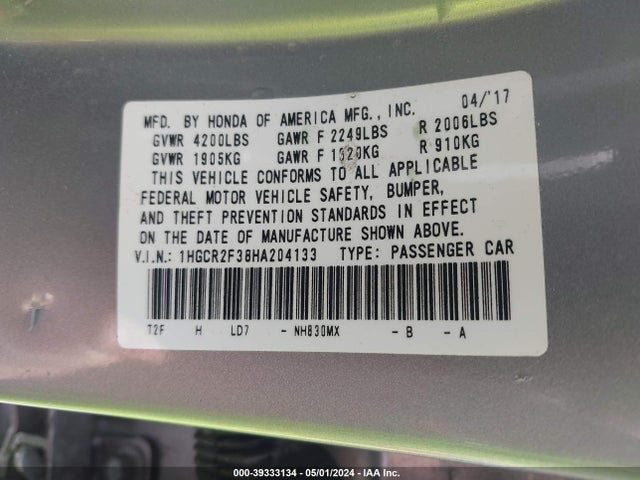 Honda ACCORD LX 2017 1HGCR2F38HA204133 Image 9