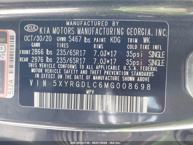 KIA SORENTO LX 2021 5XYRGDLC6MG008698 Image 9