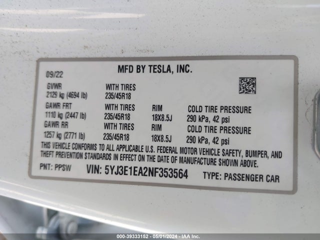 Tesla Model 3 Rear-wheel Drive 2022 5YJ3E1EA2NF353564 Image 9