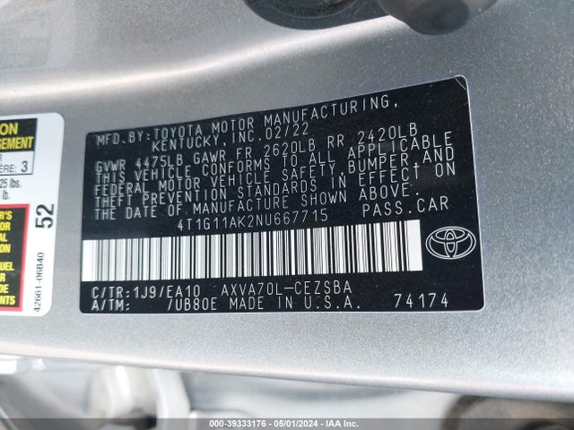 Toyota CAMRY SE 2022 4T1G11AK2NU667715 Image 9