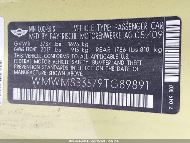 2009 MINI COOPER S WMWMS33579TG89891 Photo 8