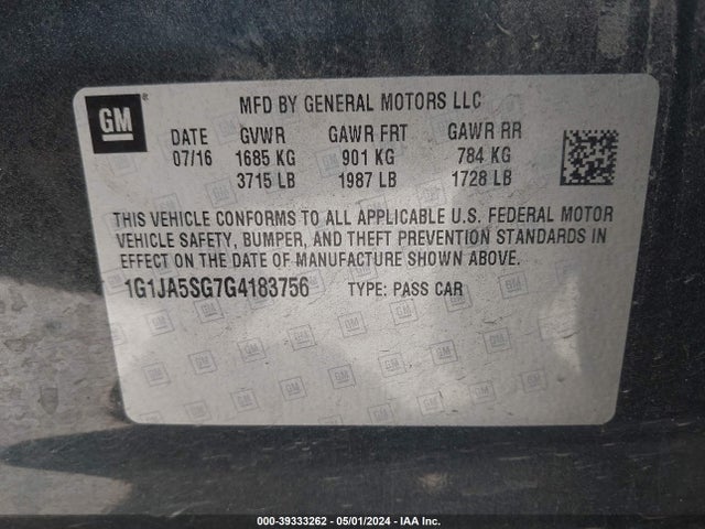 Chevrolet Sonic Ls Auto 2016 1G1JA5SG7G4183756 Image 9