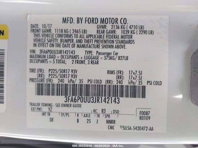Ford Fusion Hybrid S 2018 3FA6P0UU3JR142143 Image 9