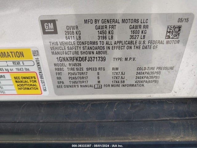 Chevrolet Traverse Ls 2015 1GNKRFKD6FJ371739 Image 9