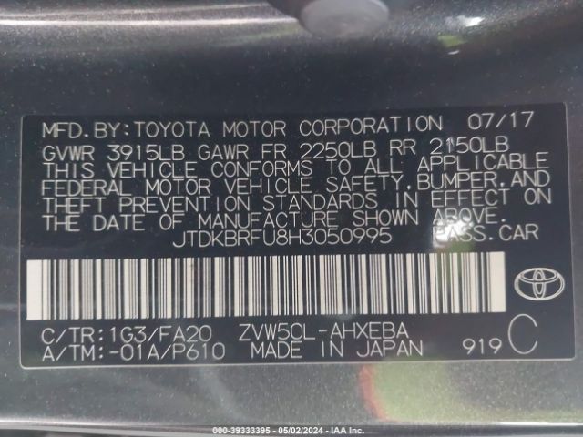 JTDKBRFU8H3050995 Toyota Prius