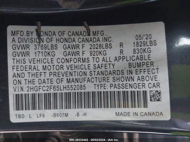 Honda Civic Lx 2020 2HGFC2F65LH552085 Image 9
