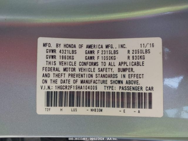 1HGCR2F15HA104005 Honda Accord Sport Se