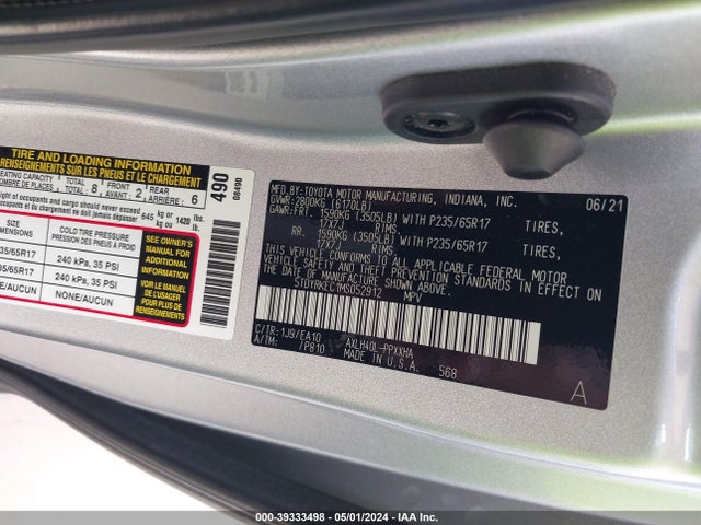 Toyota SIENNA XLE 2021 5TDYRKEC1MS052912 Image 9