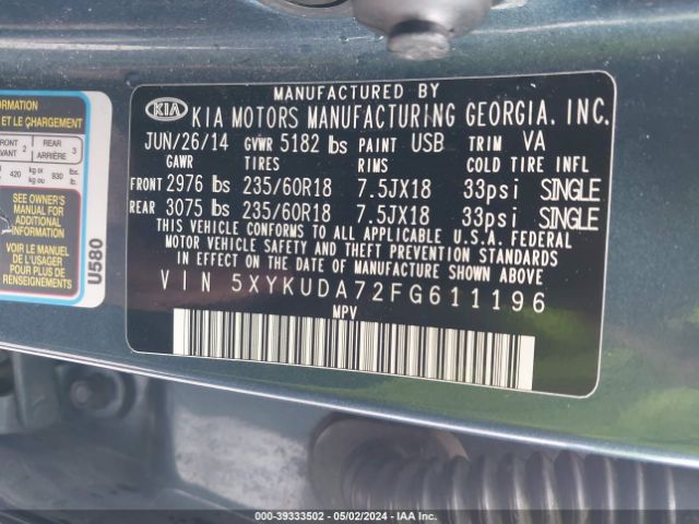 5XYKUDA72FG611196 KIA Sorento Ex V6