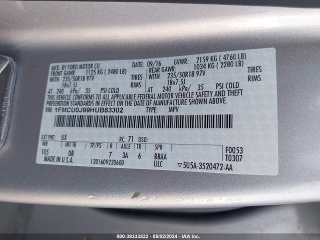 Ford Escape Titanium 2017 1FMCU0J99HUB83302 Image 9