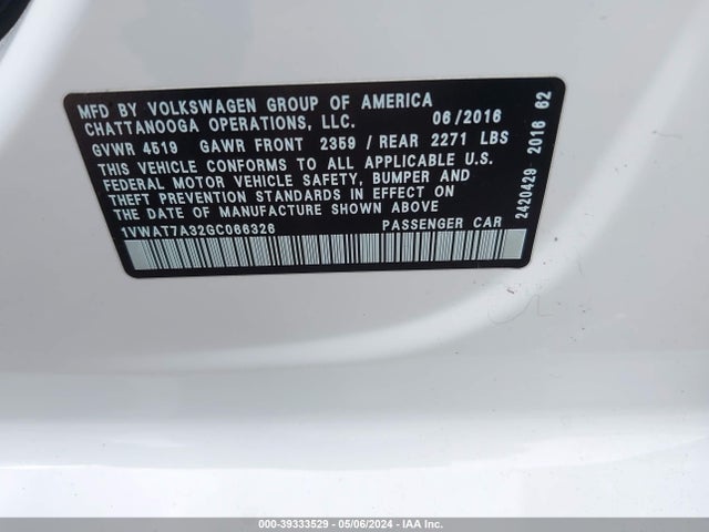 1VWAT7A32GC066326 Volkswagen Passat 1.8t R-line