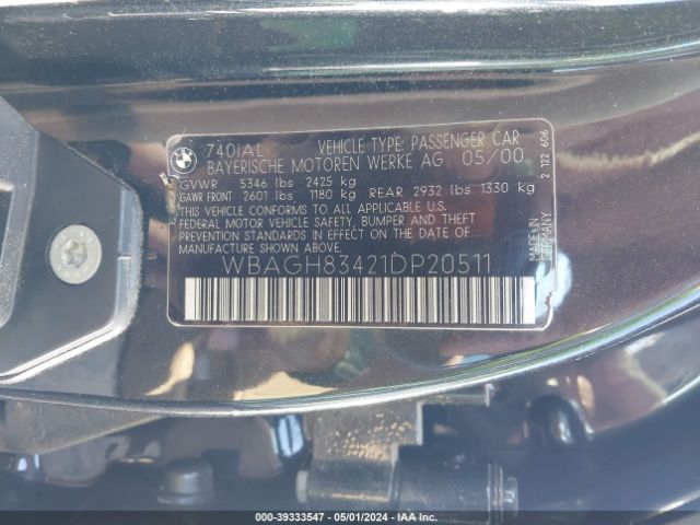 2001 BMW 740IL WBAGH83421DP20511 Photo 8