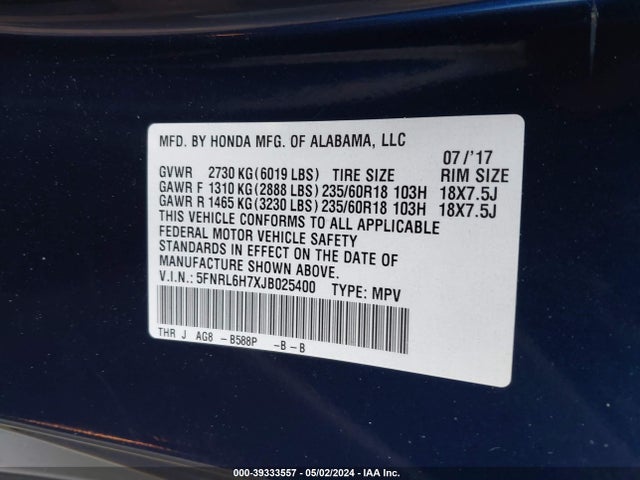 Honda Odyssey Ex-l 2018 5FNRL6H7XJB025400 Image 9