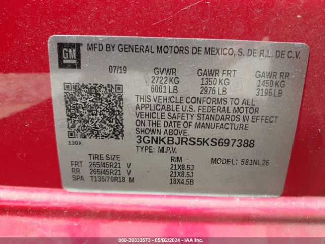 3GNKBJRS5KS697388 Chevrolet BLAZER RS