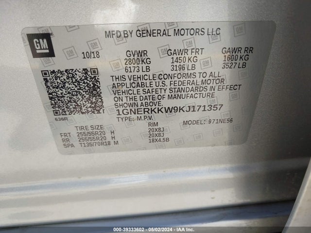 Chevrolet Traverse Premier 2019 1GNERKKW9KJ171357 Image 9