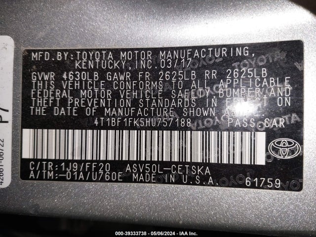 Toyota CAMRY SE 2017 4T1BF1FK5HU757188 Image 9